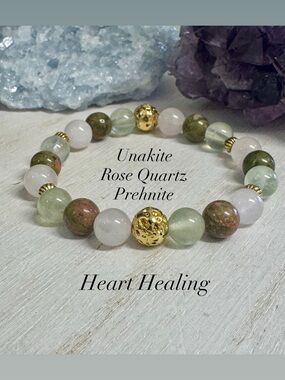 Heart Healing Unakite, Rose Quartz & Prehnite Gemstone Beaded Bracelet